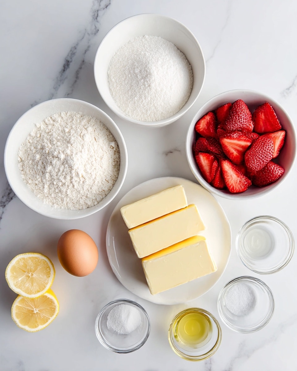 The image shows seven different ingredients placed on a white marbled surface. In the center, there is a large white bowl filled with white flour that has a slightly rough texture. To the left of it is a smaller white bowl full of fine white sugar. Below the sugar bowl, there is a white plate holding three long rectangular sticks of pale yellow butter, smooth in texture and stacked side by side. Near the center bottom is a whole brown egg with a smooth shell. To the right of the egg, there are two small glass bowls, one filled with fine white salt and the other with white granulated sugar. In the bottom right corner, a white bowl is filled to the top with sliced red strawberries, showing their juicy texture and bright color. In the lower left corner of the photo, two halves of a bright yellow lemon with visible juicy segments are placed together. photo taken with an iphone --ar 4:5 --v 7