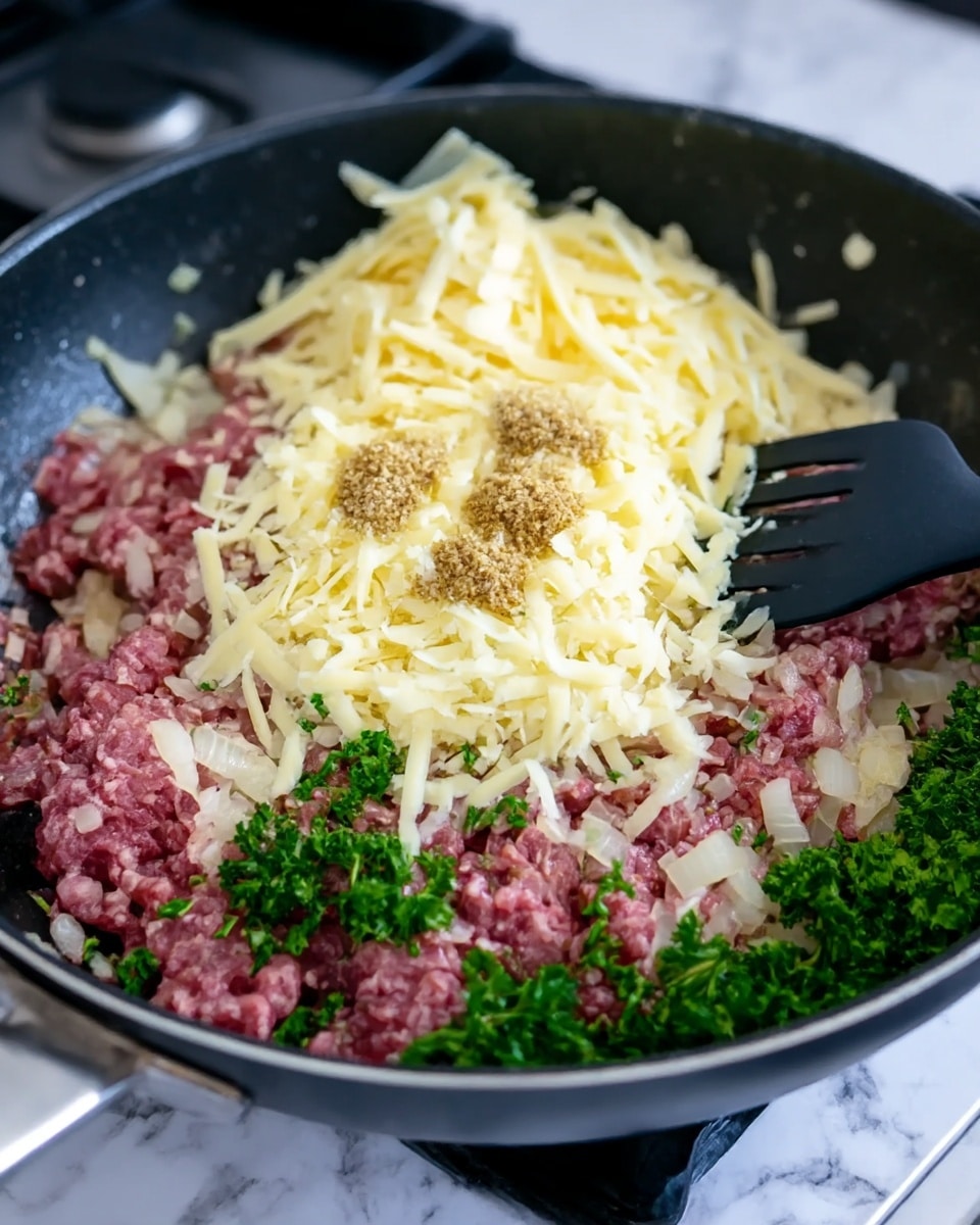The image shows a black frying pan filled with raw minced meat mixed with chopped light-colored onions. On top of the mixture, there is a pile of shredded pale yellow cheese, dollops of grainy brown mustard, and small pieces of green parsley scattered around. The frying pan is placed on a stove with a white marbled surface in the background. A black spatula is resting inside the pan. photo taken with an iphone --ar 4:5 --v 7