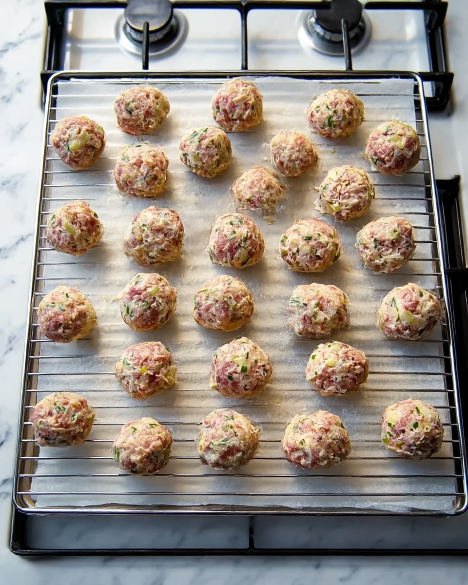 The image shows a baking tray lined with parchment paper, placed over a cooling rack on a stove with silver burners. On the parchment paper, there are 24 round uncooked meatballs spaced evenly in four rows and six columns. The meatballs have a mix of light pinkish and beige colors with bits of green herbs and white onion visible, giving them a textured look. The background and surface behind the stove are replaced with a white marbled texture. Photo taken with an iphone --ar 4:5 --v 7
