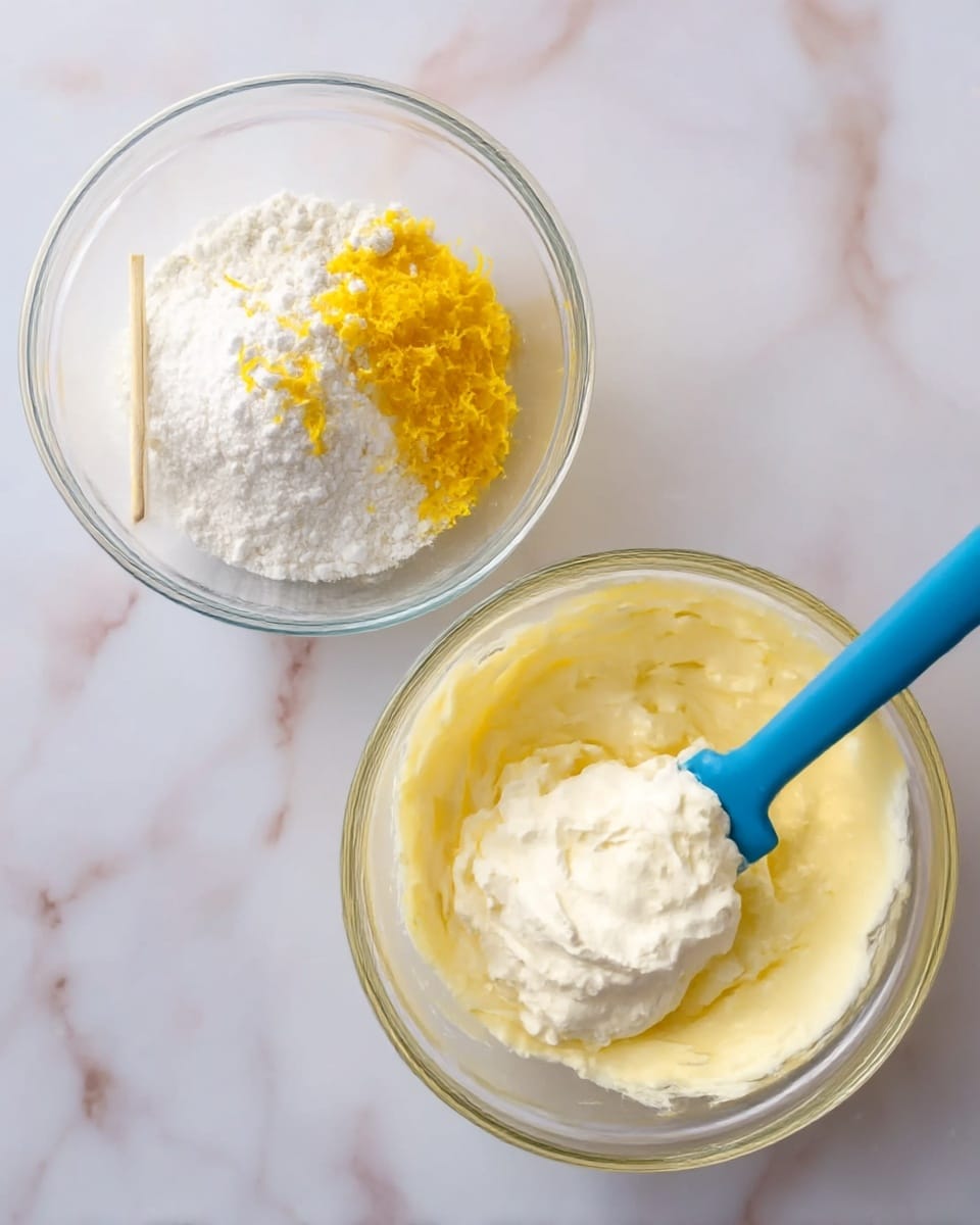 The image shows two clear glass bowls on a white marbled surface. The left bowl contains a mix of ingredients including a white creamy base, a heap of white powdered sugar, bright yellow lemon zest, and a white vanilla stick, all layered with the creamy base at the bottom and the other ingredients placed on top. The right bowl shows a light yellow creamy mixture with a dollop of thick white whipped cream on top, being gently folded in with a blue spatula. The lighting is bright, showing the smooth texture of the cream and the contrast between the yellow cream and white whipped cream. photo taken with an iphone --ar 4:5 --v 7