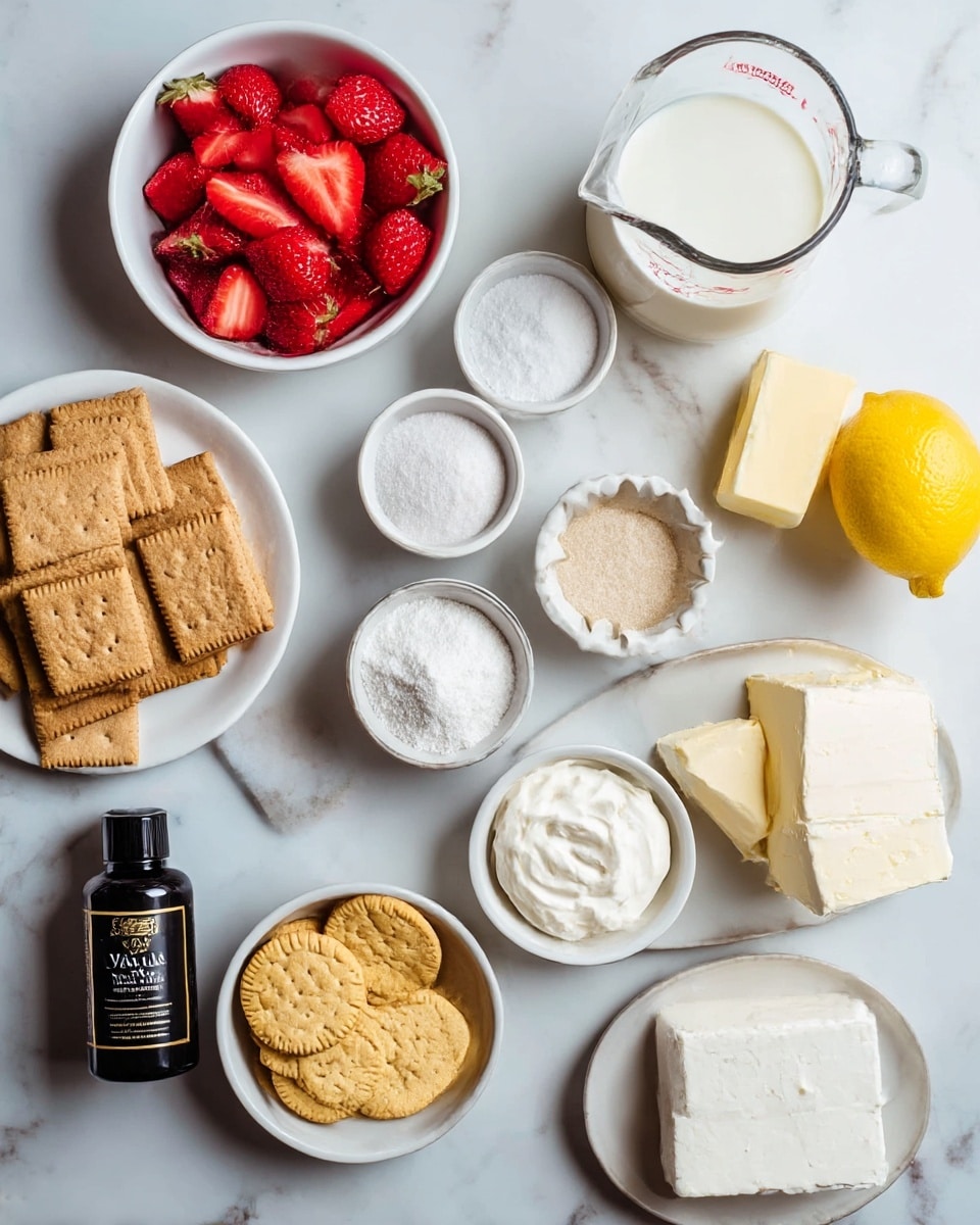 The image shows a top view of several ingredients arranged on a white marbled surface. In the bottom left, there is a white bowl filled with rectangular brown graham crackers. Next to it, slightly above, is a white bowl with bright red sliced strawberries. Above the strawberries, a clear measuring cup holds white milk. Near the top center, there are two small white bowls, one with white powdered sugar and the other with off-white granulated sugar with a wavy edge. To the right, a white plate holds a block of pale yellow butter. Next to it is a whole yellow lemon. At the bottom right, a white plate has two blocks of white cream cheese. Below that, there is a small white bowl filled with thick white yogurt or cream. Near the cream cheese and yogurt is a small white bowl with golden yellow sandwich cookies. In the center of the image, lying horizontally, is a black bottle labeled