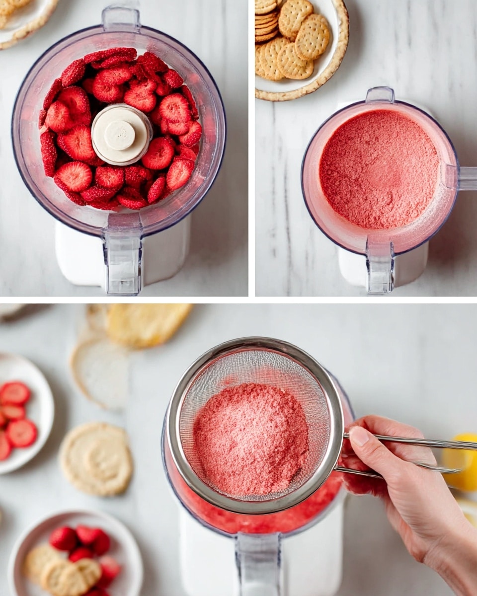 Three images show the process of making strawberry powder. The first image has a white food processor bowl filled with whole dried red strawberry slices, sitting on a white marbled surface with plates of crackers partially visible in the background. The second image shows the strawberries ground down into a fine bright pink powder inside the same food processor bowl. The third image features a woman's hand holding a silver mesh strainer filled with the fine pink strawberry powder being sifted over a white bowl full of the same powder, placed on the white marbled surface with plates of crackers, a lemon, and a pie crust nearby. Photo taken with an iphone --ar 4:5 --v 7