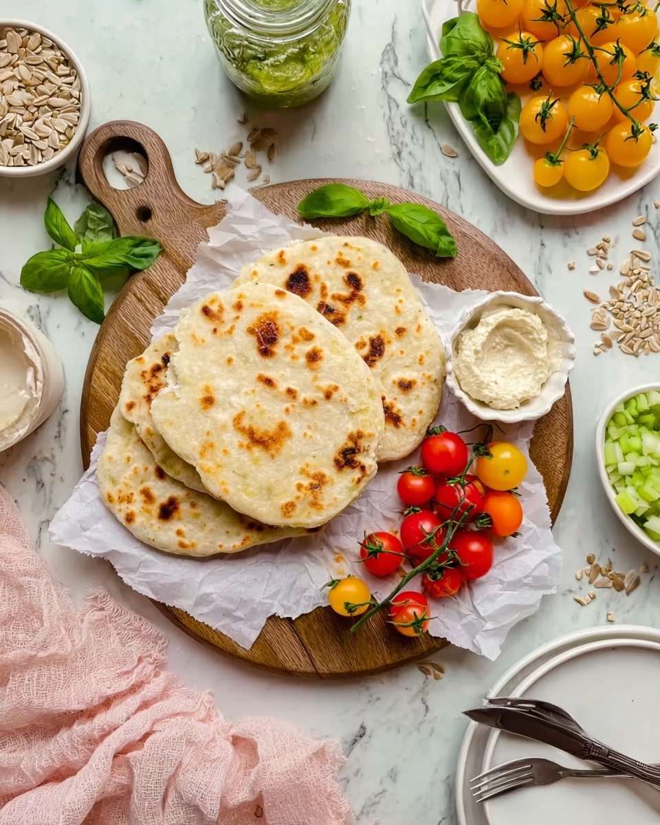The image shows a round wooden board with three flatbreads stacked slightly overlapping in the middle. To the right of the flatbreads are small clusters of red and yellow cherry tomatoes on green stems resting on white paper. A small white bowl of creamy spread is placed just above the tomatoes, and a few basil leaves are scattered around the board. Above the board, there is a small white bowl of chopped celery and a glass jar of green sauce with a spoon inside it. On the upper right side, there is a white plate with more yellow cherry tomatoes on green leaves. The background is a white marbled surface with a soft pink cloth and a small bowl of sunflower seeds nearby. The bottom right corner has part of a white plate with a fork on it. The photo taken with an iphone --ar 4:5 --v 7