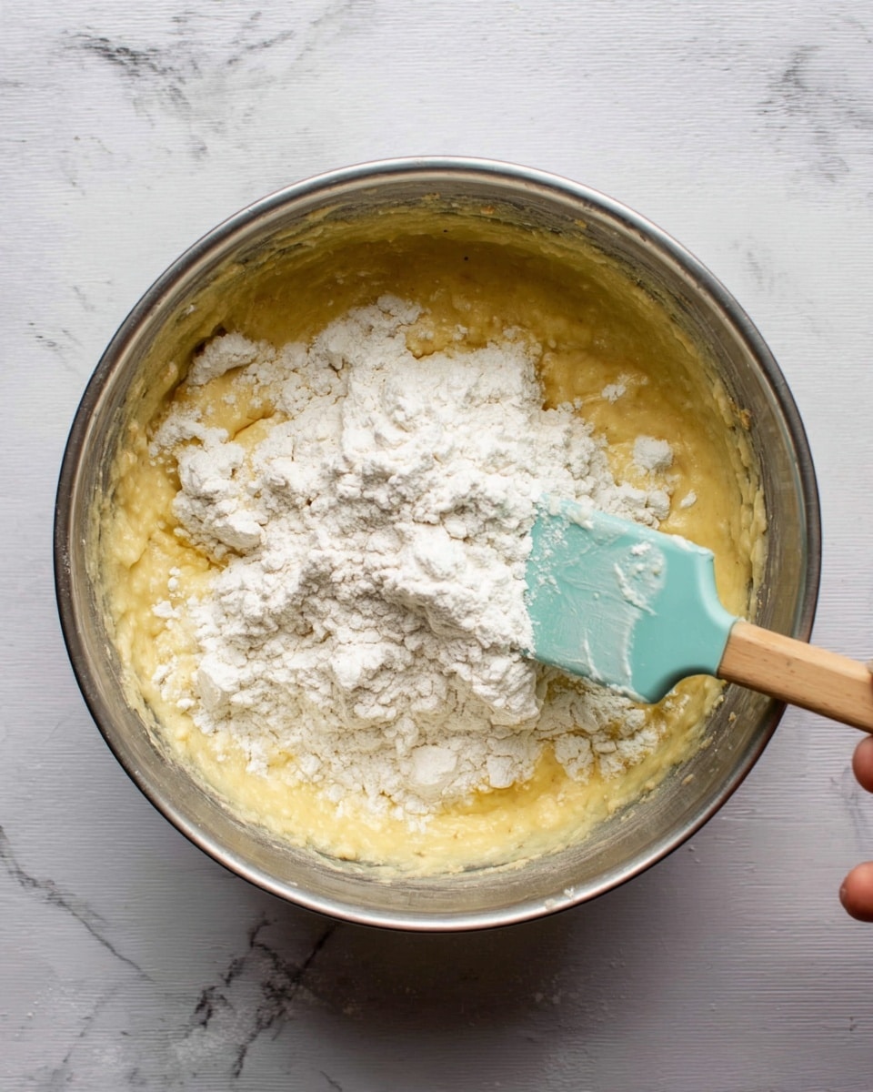 A metal bowl contains three layers of ingredients being mixed. The bottom layer is a pale yellow, wet batter with a smooth texture. The middle layer is white flour scattered unevenly on top of the batter, with a powdery texture. The top layer consists of a woman's hand holding a light blue and green spatula that is partially covered with flour and batter. The bowl sits on a white marbled surface. photo taken with an iphone --ar 4:5 --v 7