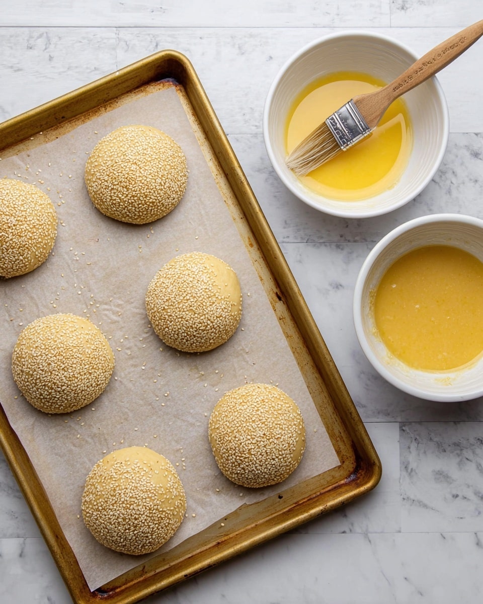 There are two gold baking trays with parchment paper on top, each holding four round, uncooked dough balls with a light yellow color and covered with sesame seeds. The dough balls have a smooth surface and are spaced out evenly on the trays. To the right, there is a white bowl filled with a yellow beaten egg mixture, and a wooden-handled brush rests inside the bowl. All items sit on a white marbled surface. Photo taken with an iphone --ar 4:5 --v 7