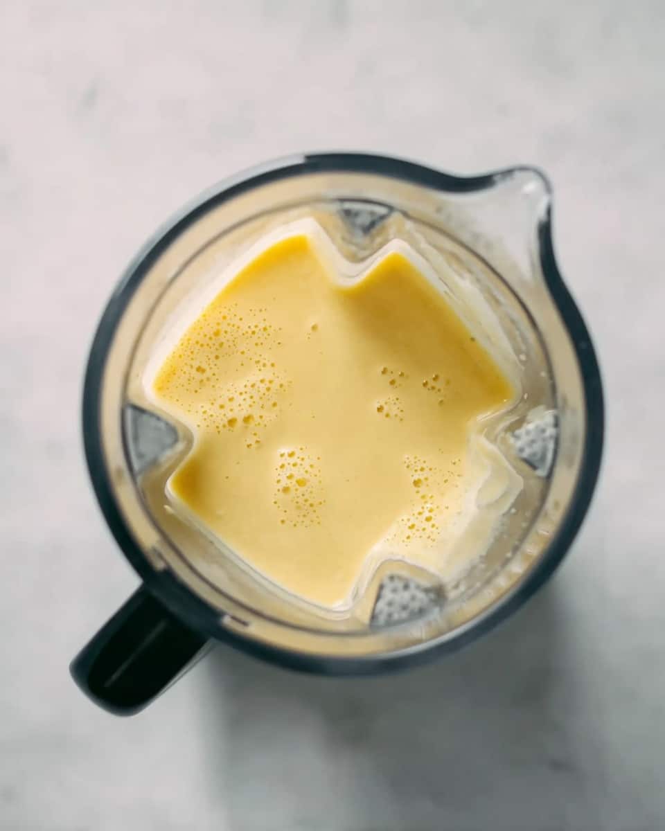 A clear blender jug filled with a smooth, creamy yellow mixture that has a few small bubbles on its surface; the blender jug has a black handle on its left side and is placed on a white marbled surface. photo taken with an iphone --ar 4:5 --v 7