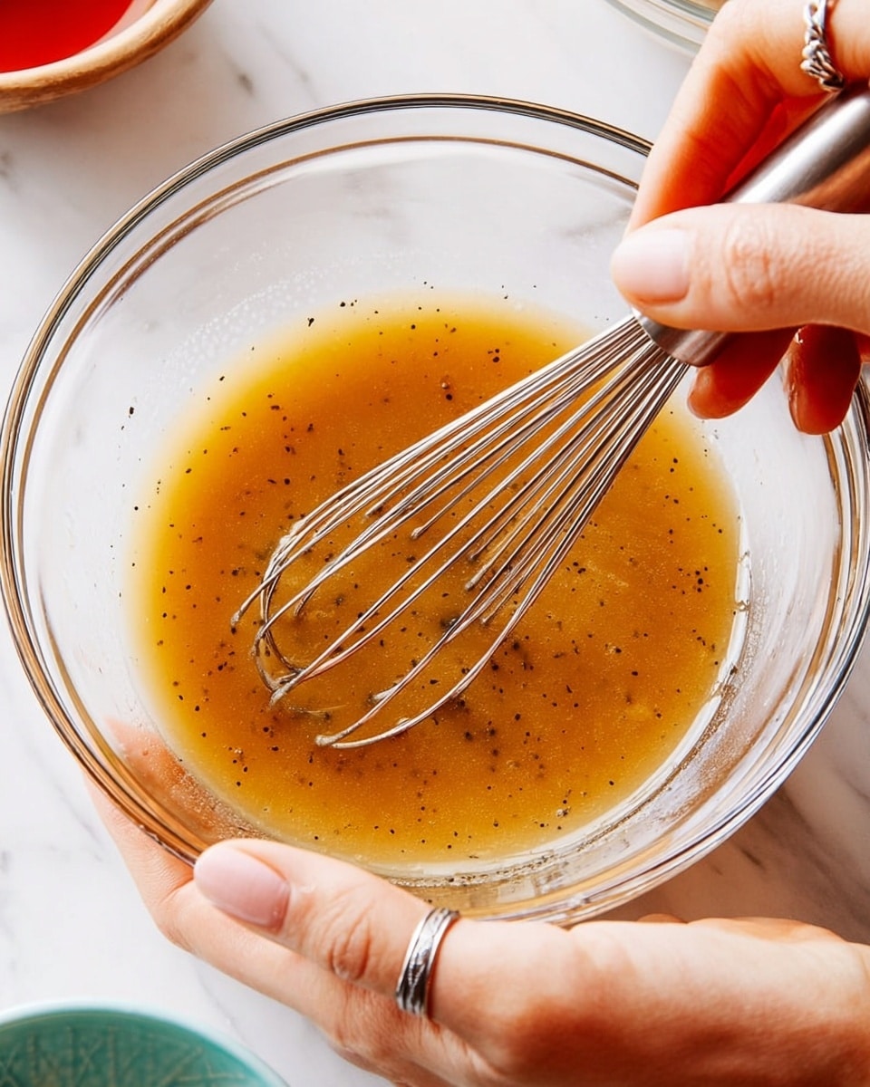 A clear glass bowl holds a mixture with a smooth, golden-brown liquid that has tiny black specks floating in it. A metal whisk inside the bowl shows the mixture being stirred. A woman's hand with light skin and a silver ring gently lifts the bowl from the bottom left corner. The background is a white marbled surface, and parts of other bowls are slightly visible around the edges. The lighting is natural and bright, highlighting the texture and color of the liquid. photo taken with an iphone --ar 4:5 --v 7