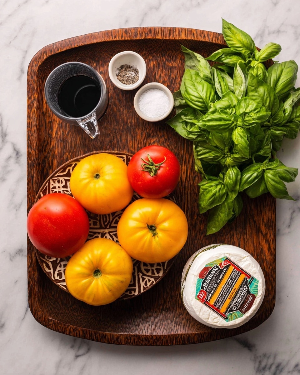 The image shows a dark brown textured wooden board holding fresh tomatoes in yellow and red colors placed on a brown tray with a carved pattern. Below the tray, two small white bowls contain salt and pepper. To the left of those, a clear glass cup holds a dark liquid, likely balsamic vinegar. On the right side, there is a green bunch of fresh basil leaves with noticeable veins and a tub of BelGioioso Burrata cheese with its colorful label visible. All items sit on a white marbled surface. photo taken with an iphone --ar 4:5 --v 7