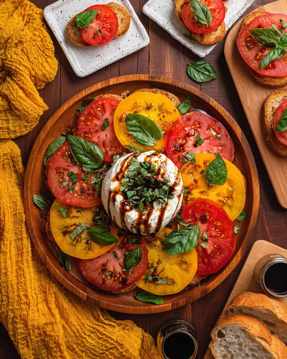 A round wooden plate holds a colorful tomato salad arranged in layers; the bottom layer has slices of red and yellow tomatoes evenly spread around the plate, topped with fresh green basil leaves scattered across them. In the center, there is a round ball of white cheese drizzled with dark balsamic glaze, sitting on a small pile of more basil leaves and surrounded by more tomato slices. The wooden plate is placed on a dark wood surface, with two small white speckled square plates in the background holding slices of bread with tomato, cheese, and basil. On the bottom right, there is a wooden board with sliced bread, and a small silver container with balsamic glaze near it. A mustard-yellow textured cloth is draped on the left side of the image. Photo taken with an iphone --ar 4:5 --v 7