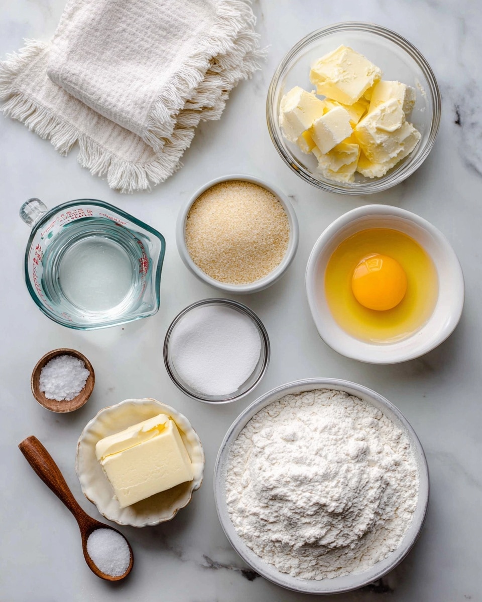 The image shows various baking ingredients neatly arranged on a white marbled surface. There is a large clear bowl filled with white bread flour at the bottom right, next to a white bowl with a yellow egg yolk and egg white inside. To the right, a small white bowl holds melted yellow butter, and above that, a small glass bowl contains solid butter. Towards the top center, a small glass bowl contains light brown bread machine yeast. On the left side, a glass measuring cup with clear water sits beside a metal measuring cup filled with white sugar. Nearby, there are two containers with salt—one in a small clear bowl and the other in a small wooden scoop. A white cloth with fringe edges is partially visible on the top left corner. The picture is well lit, clean, and organized, photo taken with an iphone --ar 4:5 --v 7