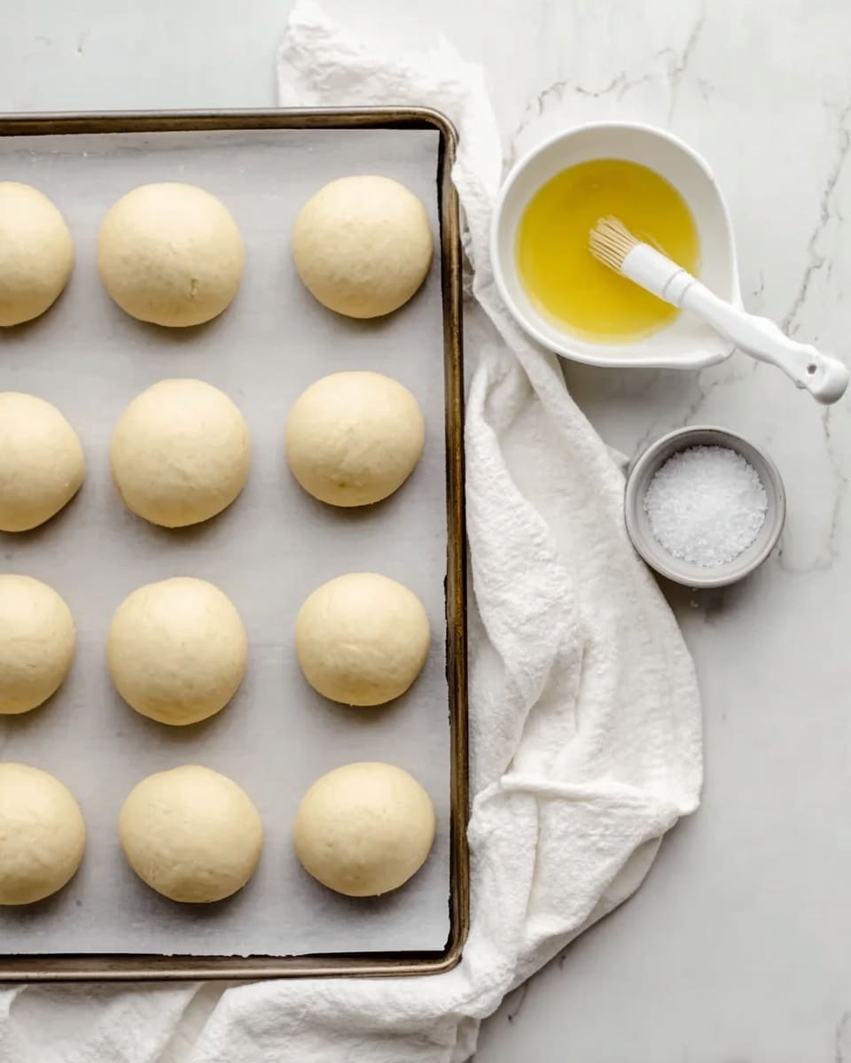 A baking tray filled with 15 smooth, round dough balls evenly spaced on white parchment paper; the dough balls are light cream color with a soft texture. To the right of the tray, there is a small white bowl filled with a yellow liquid and a white pastry brush resting inside it. A small white container holding coarse salt is placed near the bowl. All items are set on a white marbled surface with a white cloth partially placed under the bowl and salt container. Photo taken with an iphone --ar 4:5 --v 7