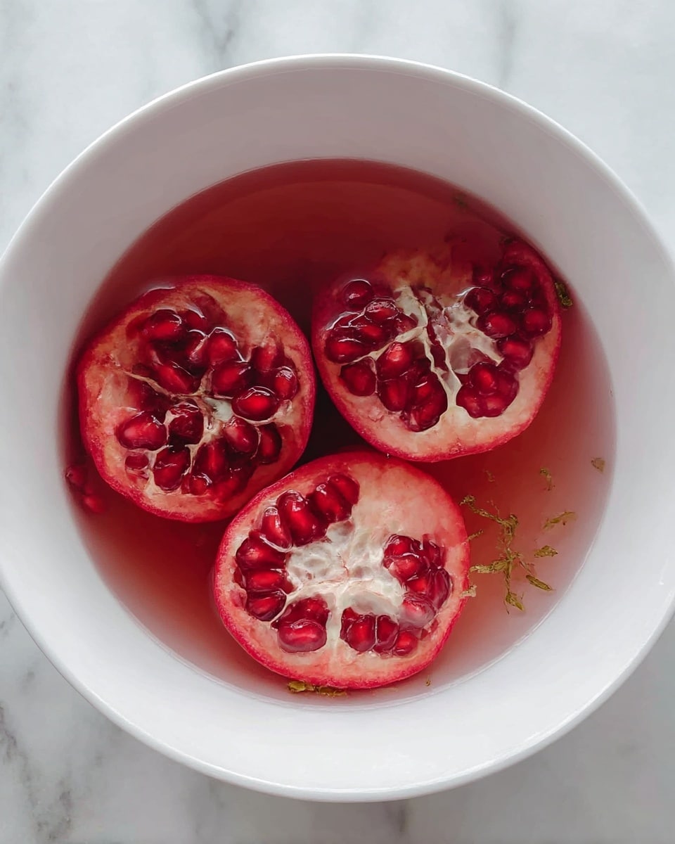 A white bowl filled with a light red liquid holds four pieces of pomegranate peel with visible white inner membranes and bright red seeds. The peels float on top of the clear juice, showing detailed textures of the fruit and some small green bits scattered around. The scene sits on a white marbled surface. Photo taken with an iphone --ar 4:5 --v 7