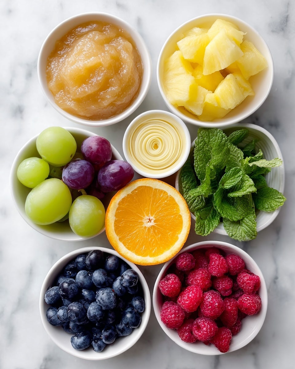 A top-down view of eight small white bowls placed on a white marbled surface, each filled with different ingredients. Starting from the top left, there is a bowl of light brown applesauce with a smooth yet chunky texture. To the right, a bowl contains yellow pineapple chunks with a juicy, fibrous look. Below the pineapple, a bunch of fresh green mint leaves with a rough texture is next to a halved orange showing bright orange flesh with radiating segments. At the center is a spiral of thinly sliced pale yellow butter. On the left side, purple and green grapes are gathered together without a bowl, connecting the pineapples and the blueberries below. The blueberries in another white bowl look round and smooth, deep dark blue with a shiny surface. Finally, the bottom right holds a white bowl of bright red raspberries that appear plump and textured. photo taken with an iphone --ar 4:5 --v 7