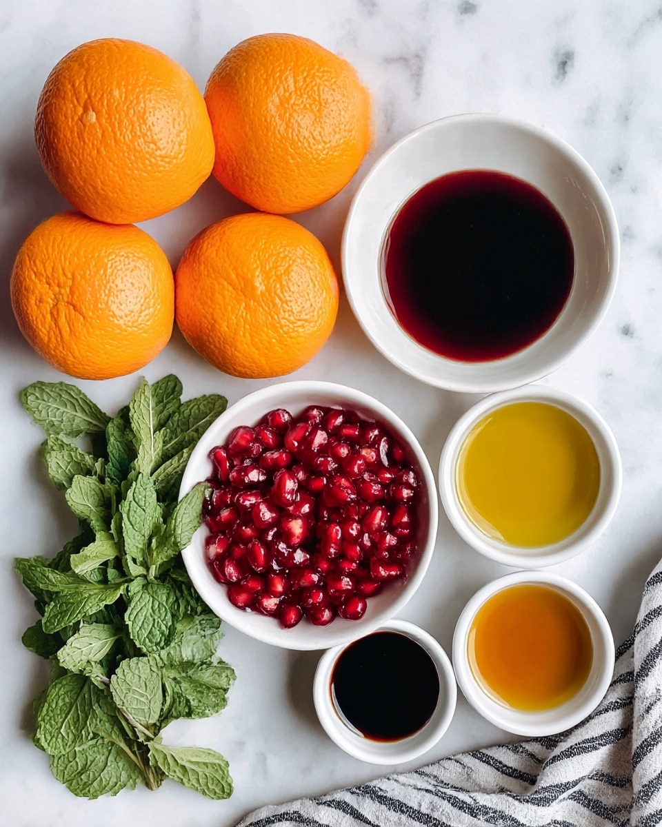 The image shows a white marbled surface with four whole citrus fruits in various sizes and shades of bright orange, positioned on the left side. Below the citrus fruits is a small bunch of fresh green mint leaves with visible veins, placed next to a white bowl filled with shiny, deep red pomegranate seeds. To the right side are three small white bowls aligned vertically, each containing a different liquid: the top bowl has golden olive oil, the middle bowl holds dark purple pomegranate juice, and the bottom bowl contains amber-red red wine vinegar. A white and black striped cloth is casually placed near the bottom right corner. Photo taken with an iphone --ar 4:5 --v 7