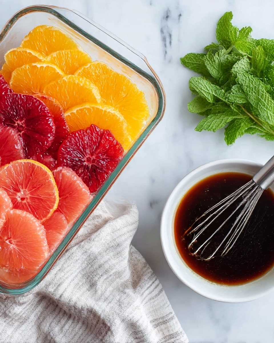 The image shows a rectangular glass container filled with three layers of citrus fruit slices arranged neatly side by side. The top layer has bright yellow slices, the middle layer has deep red slices, and the bottom layer has pinkish-red slices with a juicy texture. To the right, there is a small white bowl holding a shiny dark brown liquid with a silver whisk inside it, and a bunch of fresh green mint leaves beside it. The background is a white marbled surface with a light gray and white striped cloth partly visible under the bowl. Photo taken with an iphone --ar 4:5 --v 7