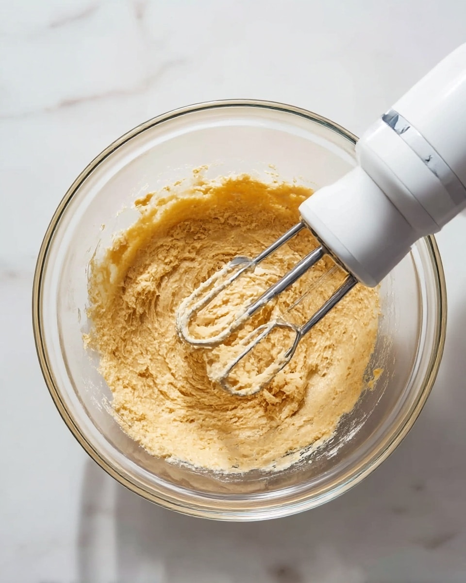 A clear glass bowl filled with a light brown, creamy mixture that looks soft and smooth but thick in texture. Inside the bowl, a white electric hand mixer with two metal beaters is partly inserted into the mixture, with some of the mixture sticking to the beaters. The bowl is placed on a white marbled surface with soft natural light casting gentle shadows around. photo taken with an iphone --ar 4:5 --v 7