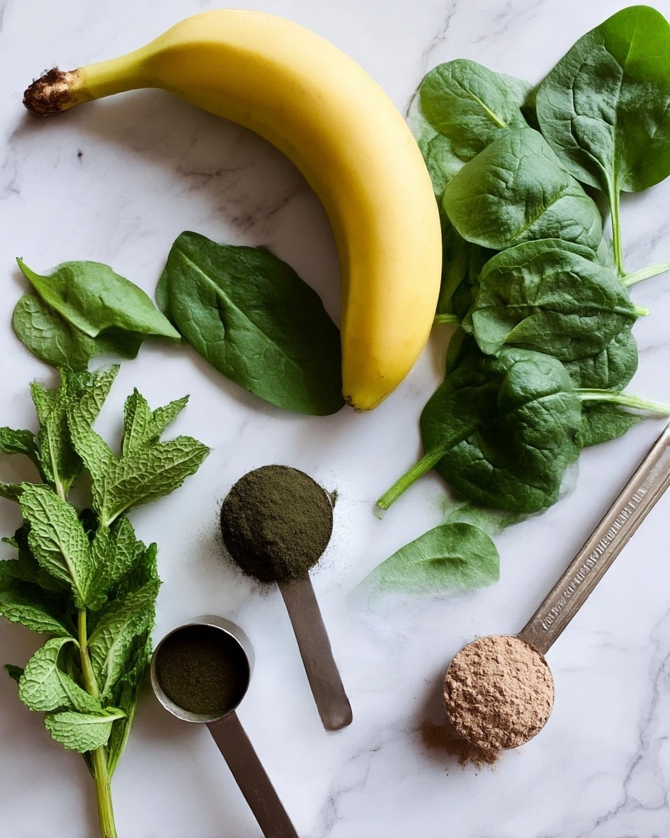 The image shows a bunch of fresh green spinach leaves with a smooth, slightly wrinkled texture on the top right side, a ripe yellow banana with a smooth skin placed on the left, a small bunch of fresh green mint leaves with textured surfaces and visible veins on the bottom left, and two measuring spoons laid flat on the white marbled surface—one filled with dark green powder near the top left and the other filled with light brown powder near the bottom right. The ingredients are spread out evenly on a clean white marbled background. photo taken with an iphone --ar 4:5 --v 7