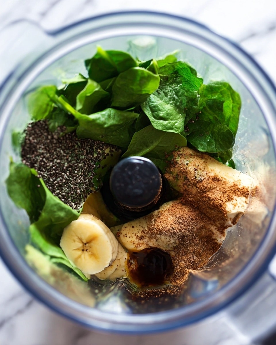 Inside a clear blender jar, fresh green spinach leaves form the top layer, with small black and white chia seeds scattered unevenly over them. Below the spinach, there are bits of ripe banana showing a pale yellow color, some covered lightly with a sprinkle of light brown cinnamon powder. A few drops of dark brown liquid vanilla extract sit on the banana pieces and cinnamon, all resting near the central black blender blade. The background is a white marbled surface, the photo taken with an iphone --ar 4:5 --v 7