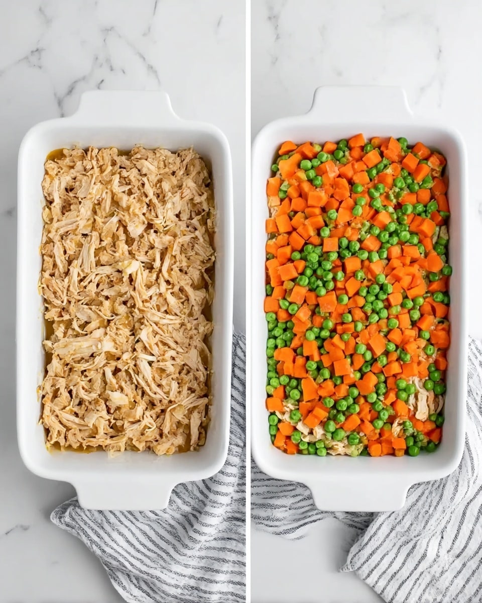 The image shows two white rectangular dishes placed side by side on a white marbled surface with a striped cloth below them. The dish on the left is filled with a bottom layer of shredded light brown cooked chicken covering the entire surface evenly. The dish on the right has the same shredded chicken as the bottom layer but is topped with an even layer of bright orange cubed carrots and green peas scattered evenly across the surface. Photo taken with an iphone --ar 4:5 --v 7