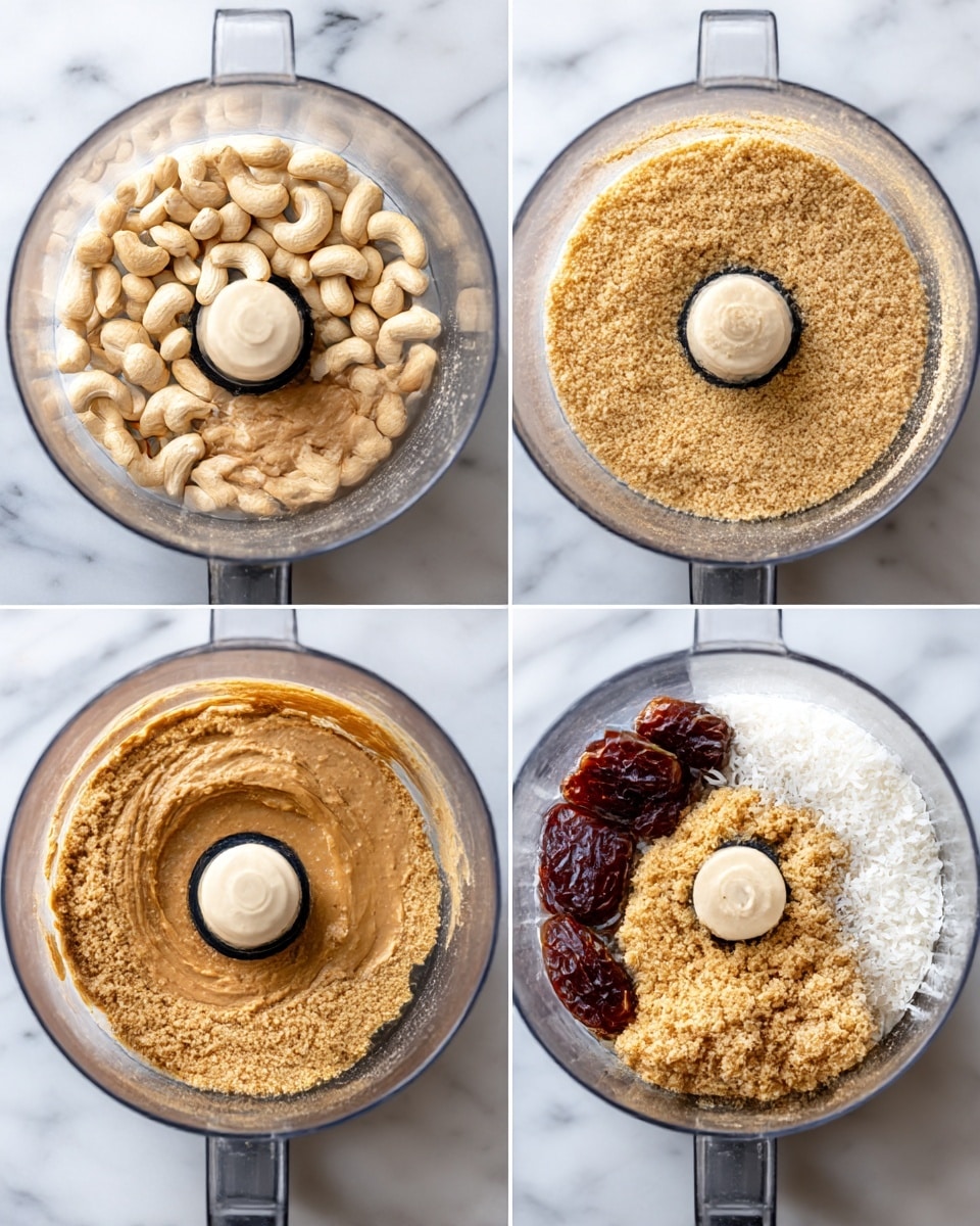 A collage of four images shows the stages of making a cashew date mixture in a clear food processor bowl on a white marbled surface. The first image shows a single layer of whole light beige cashew nuts inside the food processor. The second image shows the cashews ground into a fine, light tan crumb texture filling the bowl. The third image adds layers of light brown peanut butter on the left, white shredded coconut powder on the right, and dark brown whole dates at the bottom, all resting on the ground cashew layer. The fourth image shows the ingredients mixed into a crumbly, dense, light tan dough inside the food processor bowl. Photo taken with an iphone --ar 4:5 --v 7