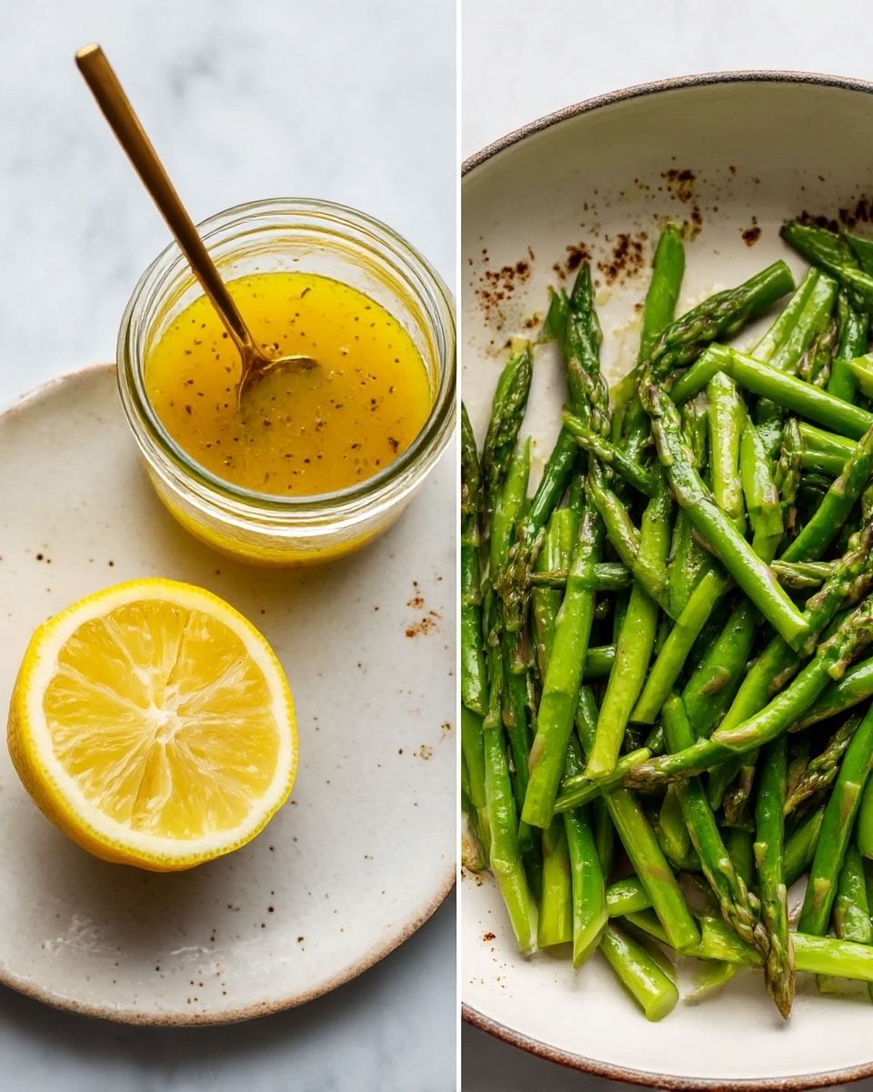 The image shows two side-by-side photos on a white marbled background. On the left, there is a small open glass jar filled with a yellow, oily sauce that has some black specks mixed in; a thin golden spoon is placed inside the jar, and a halved lemon with vibrant yellow color is lying next to it on a white plate with small brown spots. On the right, a white pan holds many bright green asparagus pieces, sliced diagonally, showing their fresh texture and slight browning where they have been cooked. The asparagus are scattered evenly in the pan with some stalk tips visible. photo taken with an iphone --ar 4:5 --v 7