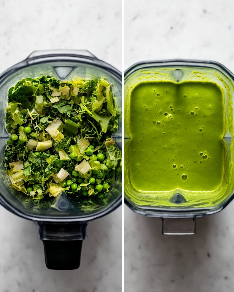 The image shows two top views of a blender on a white marbled surface. The left side has a blender filled with chopped green vegetables and small light-colored pieces layered together, showing a mix of leafy greens, peas, and possibly other vegetables. The right side shows the same blender filled with a smooth, thick, bright green sauce that has small air bubbles on the surface, indicating it has been blended well. The blender container is clear with black edges, highlighting the contrast between the raw ingredients and the finished green sauce photo taken with an iphone --ar 4:5 --v 7