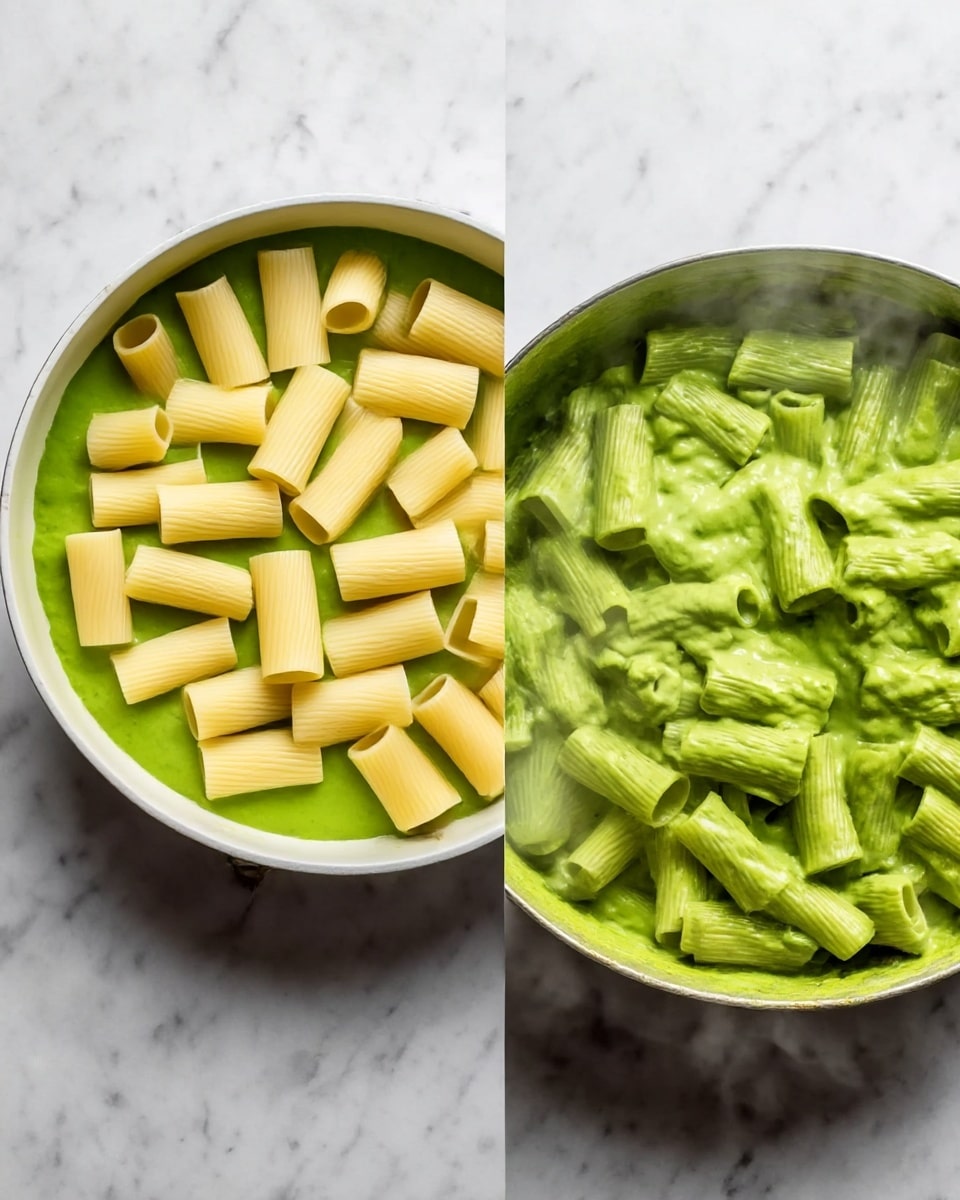 The image shows two round white pans on a white marbled surface. The left pan contains a layer of bright green sauce at the bottom, topped with a single layer of rigatoni pasta pieces that are light yellow and smooth, arranged to cover the sauce evenly. The right pan displays rigatoni pasta fully mixed and coated in the same bright green sauce, giving the pasta a shiny and creamy texture, with some sauce visible between the pasta pieces. steam rises gently from both pans. Photo taken with an iphone --ar 4:5 --v 7