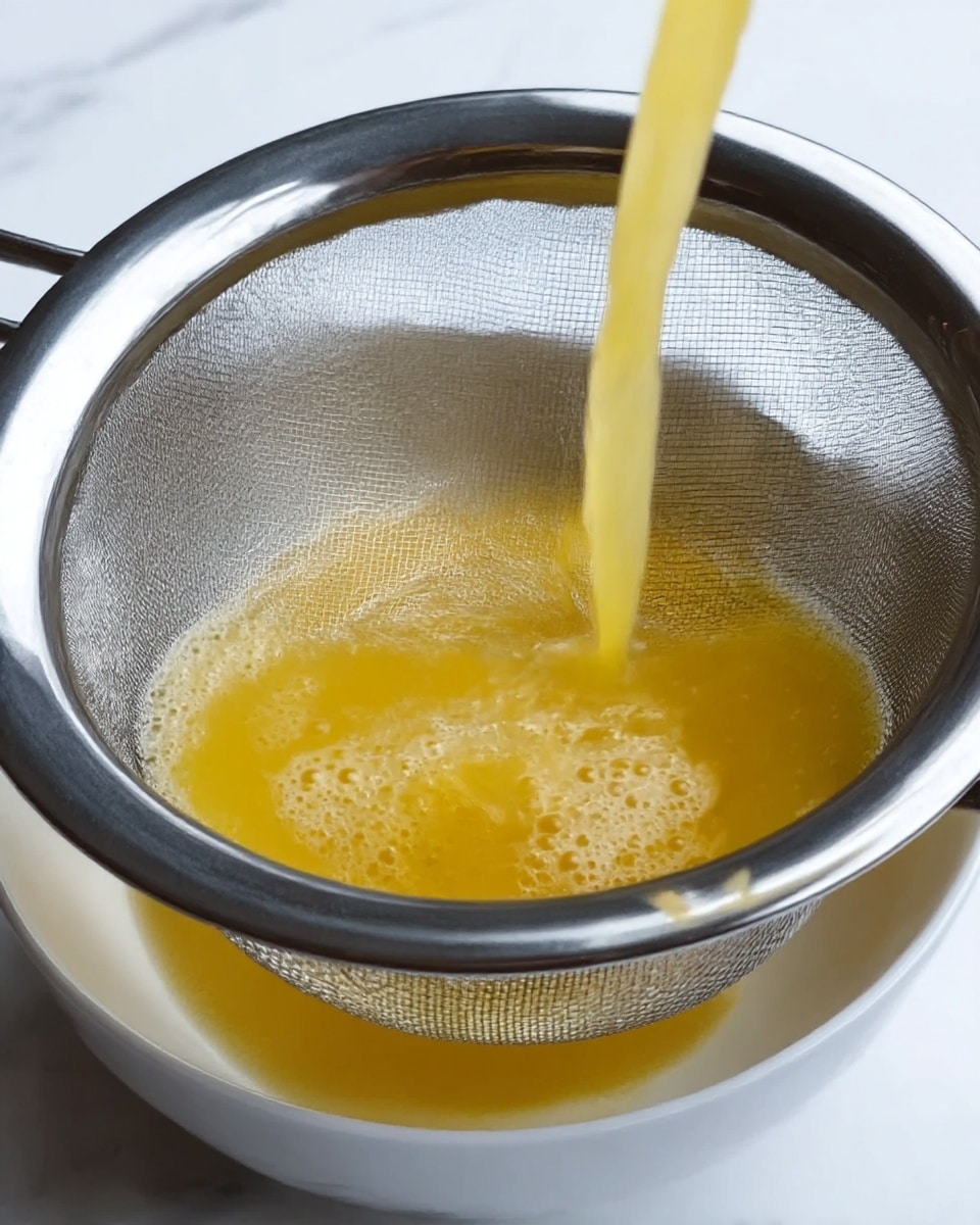 A close-up image showing bright yellow liquid being poured through a silver fine mesh strainer into a white bowl below. The strainer is round and held steady above the bowl, catching frothy bits in its thin mesh. The flowing liquid creates swirls and motion inside the strainer with bubbles forming near the edges. The scene is set on a white marbled surface, and the focus is tight on the strainer and the pouring action. photo taken with an iphone --ar 4:5 --v 7