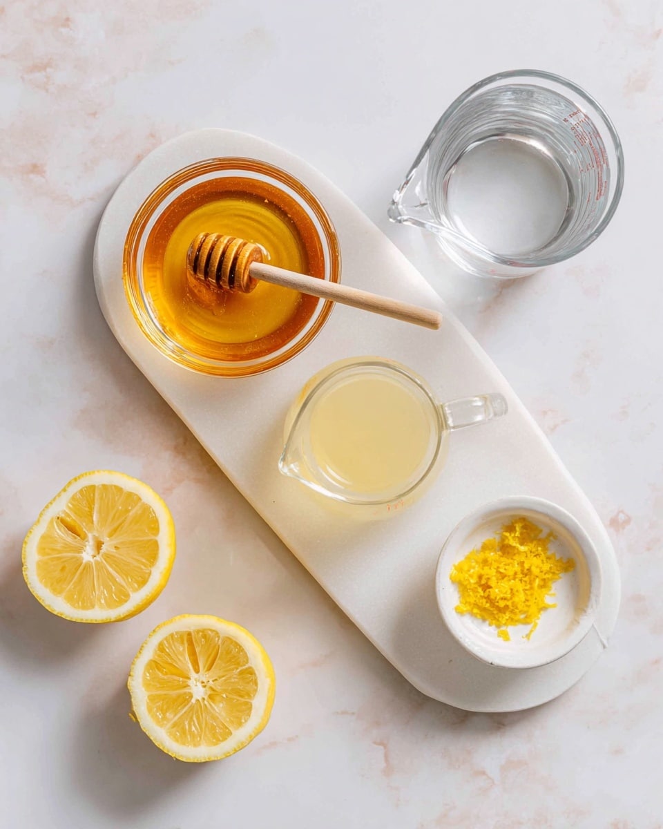 The image shows a white marbled surface with a white chopping board holding four items: a small clear glass bowl filled with golden honey with a wooden honey dipper resting inside, a small clear glass jug of pale yellow lemon juice in the center, a small white dish containing bright yellow lemon zest at the bottom, and two lemon halves with bright yellow flesh placed near the bottom left and right edges. To the top right, a clear glass measuring cup filled with clear water sits on the white marbled surface. The colors are soft and fresh with a clean, simple layout. Photo taken with an iphone --ar 4:5 --v 7