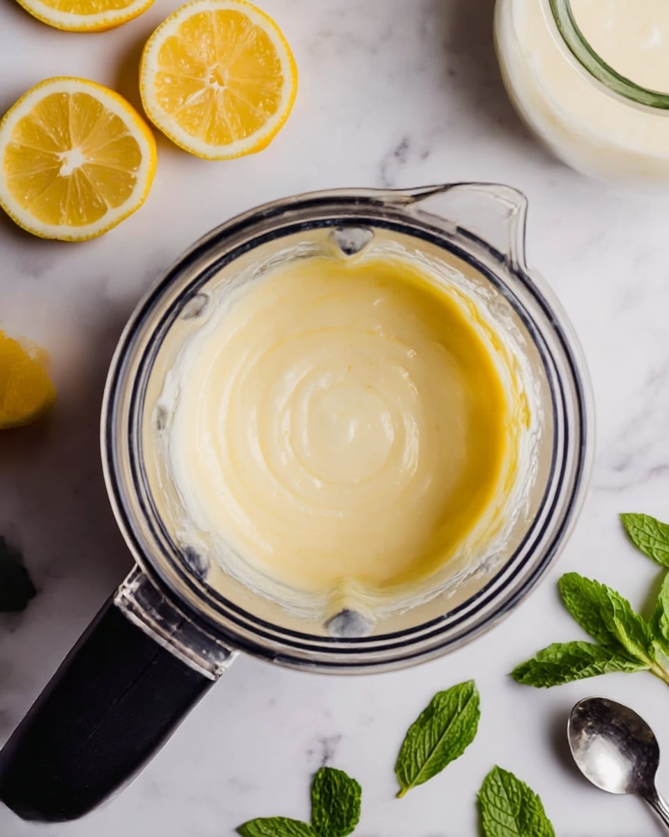 The image shows a top view of a blender jar filled with a smooth, pale yellow cream inside, with visible swirls indicating it was just blended. Around the blender jar, on a white marbled surface, there are several lemon wedges placed randomly and fresh green mint leaves adding a pop of color. A glass container with more cream is partly visible at the top right corner, and a silver spoon rests nearby on the right side. The handle of the blender is black and extends to the left side of the frame. photo taken with an iphone --ar 4:5 --v 7