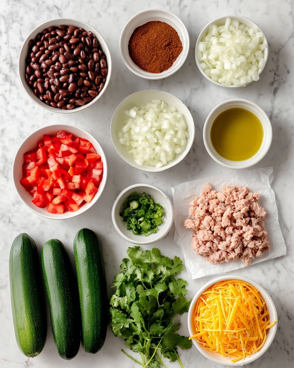 A white marbled surface holds several small white bowls and items arranged neatly: dark brown beans in one bowl, finely chopped white onions in another, and bright red diced tomatoes in a third. A small white bowl contains a reddish-brown taco seasoning powder. Below these bowls, three whole dark green zucchinis are placed next to a bunch of fresh green cilantro leaves. To the right, a square piece of parchment paper holds pale pink ground chicken arranged in neat lines. There is a small white square bowl filled with golden yellow olive oil, and a white bowl filled with shredded bright orange cheddar cheese. All ingredients are spread out with clear labels. photo taken with an iphone --ar 4:5 --v 7