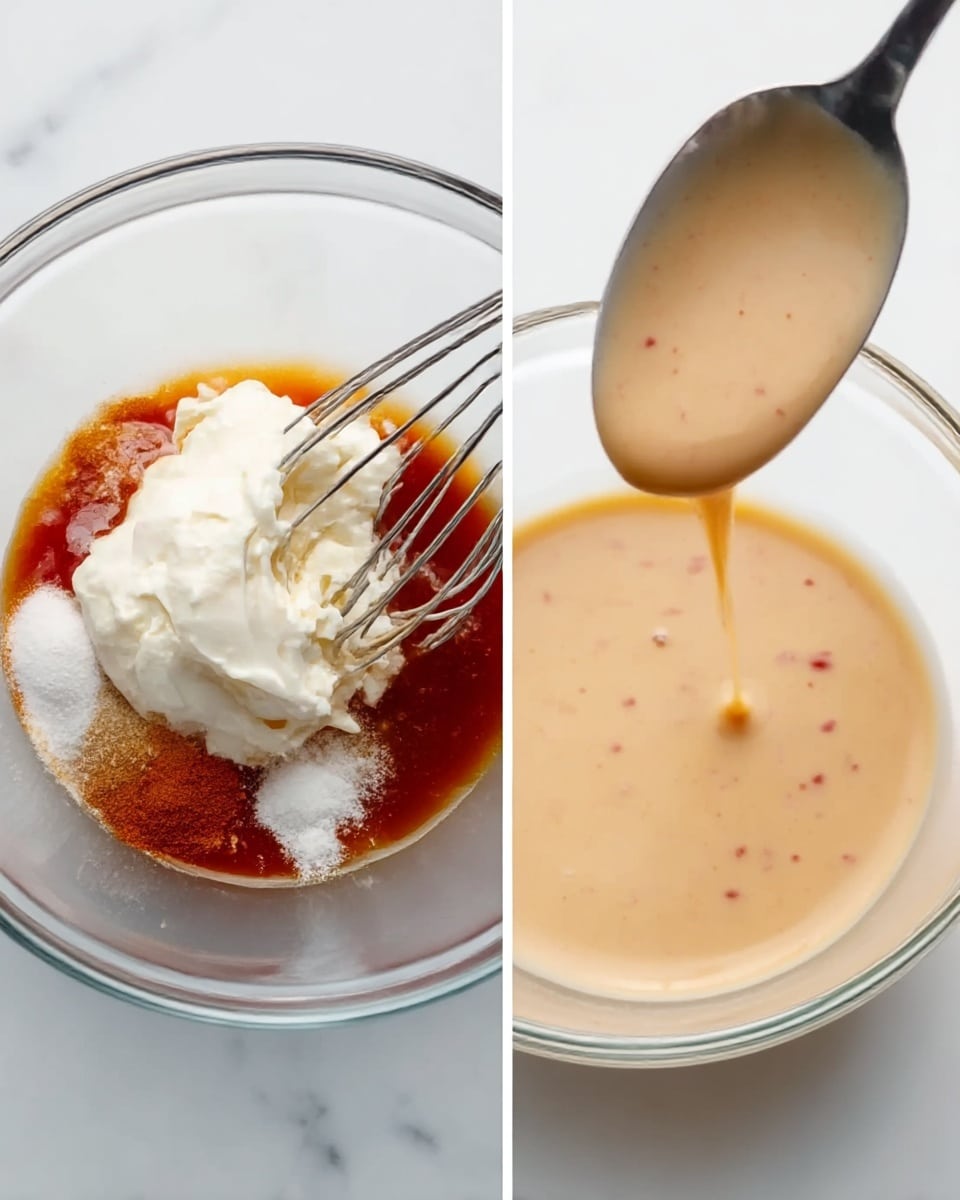 The image shows two side-by-side photos of a clear glass bowl on a white marbled surface. On the left, the bowl contains a mix of ingredients: a large dollop of white creamy mayonnaise, reddish-brown sauce, clear liquid, white granulated sugar, and reddish-brown powder. A silver whisk is partly submerged, mixing the contents. On the right, the same bowl now contains a smooth, light tan sauce with tiny red specks, and a silver spoon is held above, dripping the mixed sauce back into the bowl. photo taken with an iphone --ar 4:5 --v 7