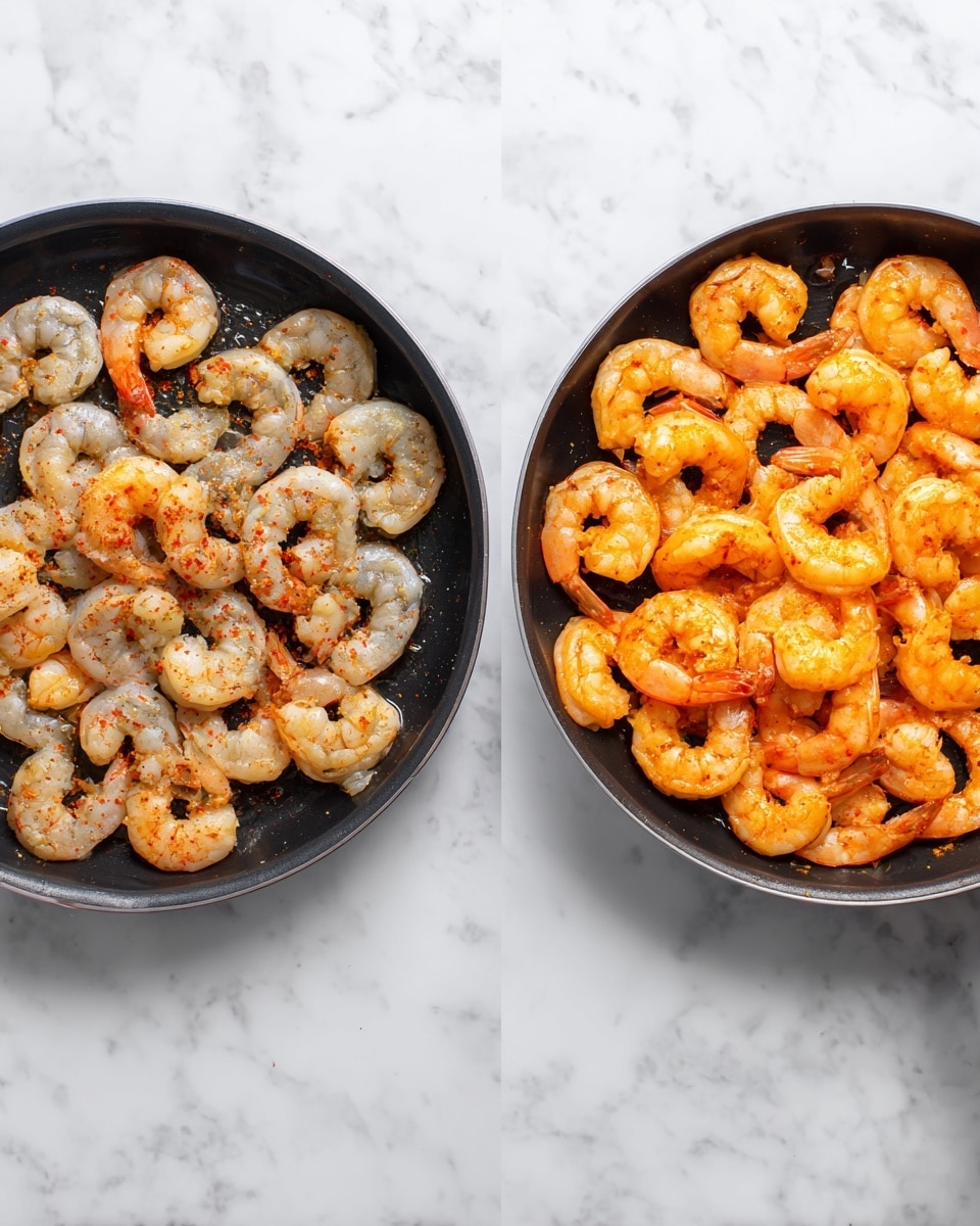 The image shows two black pans on a white marbled surface. The first pan on the left has uncooked shrimp spread out in one layer, grayish with pink tails, sprinkled with a reddish spice on top. The second pan on the right has cooked shrimp in one layer, bright orange and curled with the same tails visible. Both pans are round and have a shiny texture. photo taken with an iphone --ar 4:5 --v 7
