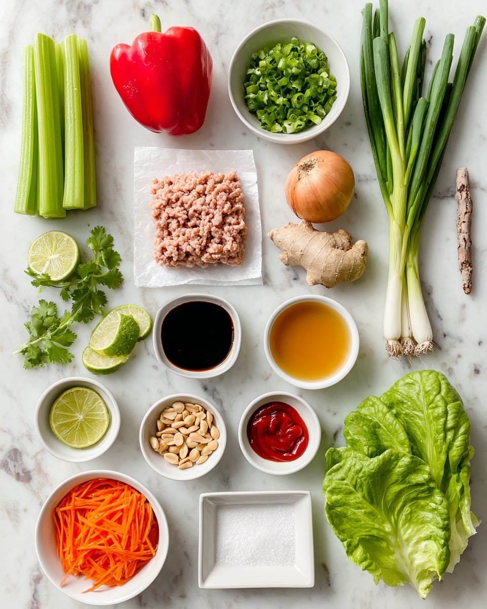 The image shows a variety of fresh ingredients laid out neatly on a white marbled surface. Starting from the top left, there are bright green celery sticks next to a large, smooth red pepper. Below the pepper is a square of light pink ground chicken on parchment paper. Near the center, a whole green lime and a long brown shallot are placed side by side. To the right, fresh green onions with white bases and long green tops are next to a piece of light tan ginger root. Three small white bowls contain dark brown hoisin sauce, soy sauce, and golden olive oil. Below these, a small bowl filled with pale roasted peanuts stands out. At the bottom left, a white bowl holds shredded orange carrots, and nearby, a small white dish contains bright red sriracha sauce. Beside this, another white dish has a light amber sesame oil. A fresh bunch of bright green cilantro is seen in the lower left corner. A small white square dish holds white sugar, and next to it, another white dish contains white cornstarch. Finally, at the bottom right, there is a cluster of fresh, leafy green lettuce. photo taken with an iphone --ar 4:5 --v 7