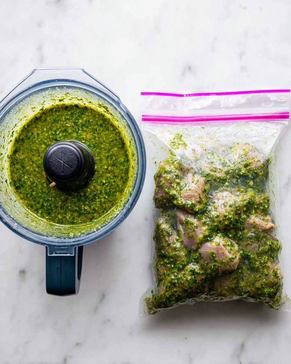 The image shows two items on a white marbled surface. On the left, there is a round, clear blender bowl filled with a green sauce that has small bits of herbs, and the blender lid is black with a round knob in the center. On the right, there is a clear resealable plastic bag with a pink zipper top, filled with raw meat pieces covered in the same green herb sauce. Both items rest flat on the surface, and the sauce texture looks thick with visible herb specks. Photo taken with an iphone --ar 4:5 --v 7