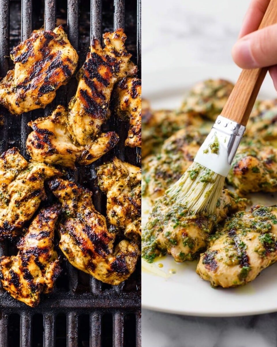 The image shows a side-by-side view: on the left, several pieces of grilled chicken with a golden brown and slightly charred surface resting on a grill with black grill marks; on the right, pieces of the grilled chicken are now on a white plate, covered in a green herb sauce being spread by a woman's hand holding a small white brush with a wooden handle; the chicken looks juicy with grill marks and a textured herb topping. The background is a white marbled surface. photo taken with an iphone --ar 4:5 --v 7