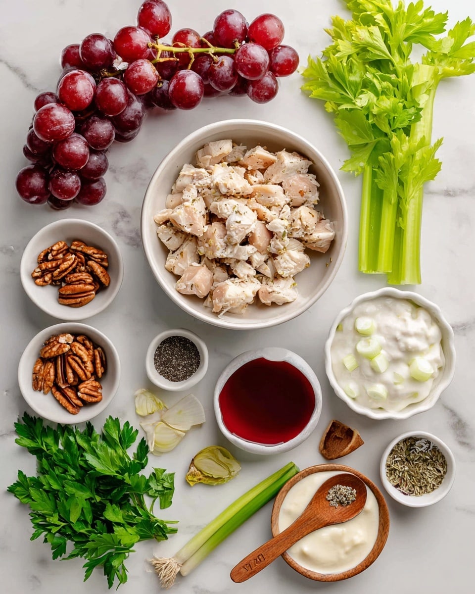 The image shows ingredients arranged neatly on a white marbled surface. At the center is a white bowl filled with pale, chunky chopped chicken. To the top left, there are two bunches of red grapes with a few loose grapes scattered nearby. To the left of the chicken bowl is a small white bowl with deep brown pecans. Near the top right, there are two bright green celery stalks with leaves attached. Below the celery, there is a small white dish holding tiny black poppy seeds. To the bottom left of the chicken, a single long green onion lies diagonally. Around the chicken bowl, there are smaller white bowls and dishes containing creamy white mayonnaise, pale amber maple syrup, and thick white Greek yogurt. Between the mayo and yogurt, there’s a small wooden spoon with light brown seasoned salt and another wooden spoon with dark ground pepper. On the bottom left, a bunch of fresh green parsley lies on the surface. To the right near the yogurt, a small white dish holds red wine vinegar with a vibrant red color. Everything is displayed clearly and well spaced. photo taken with an iphone --ar 4:5 --v 7