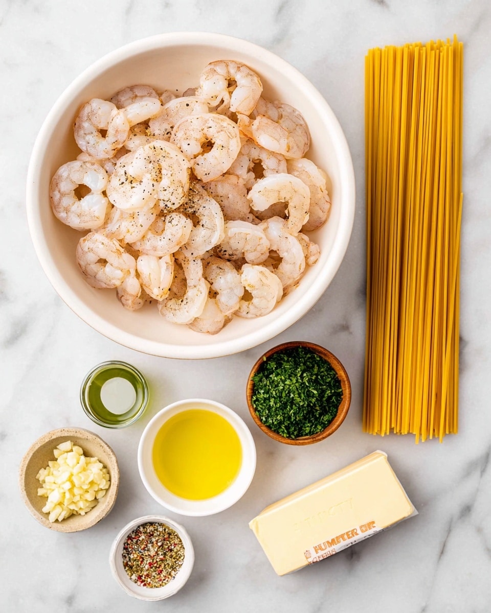 A large white bowl filled with raw shrimp, pale pink and translucent, seasoned with black pepper, placed on a white marbled surface. To the top right, a small wooden bowl holds minced garlic, showing a chunky texture in light yellow. Below it is a gold measuring cup filled with chopped green parsley, finely textured. A bundle of dry yellow spaghetti lies vertically on the right side. On the left, a small white cup contains green olive oil, next to a clear glass bowl with light yellow lemon juice. Below these, a small white dish holds mixed seasonings with various colors of red, green, and yellow. At the bottom, a wrapped stick of butter with visible text is placed horizontally. Photo taken with an iphone --ar 4:5 --v 7
