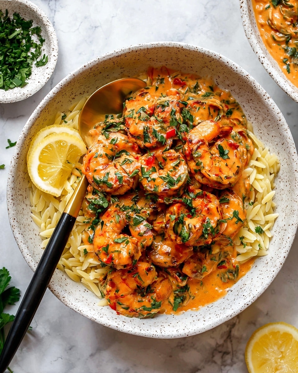 A white speckled bowl filled with three layers: at the bottom, a serving of light yellow orzo pasta arranged compactly; on top, grilled shrimp covered in a thick orange creamy sauce that has small green herb pieces and red bell pepper bits; garnished with fresh green parsley scattered evenly on the shrimp and sauce; a bright lemon wedge rests on the edge of the bowl; a gold and black spoon lies inside the bowl partially under shrimp; the bowl sits on a white marbled surface with a small white speckled dish filled with chopped herbs nearby and half a lemon in another similar bowl; photo taken with an iphone --ar 4:5 --v 7