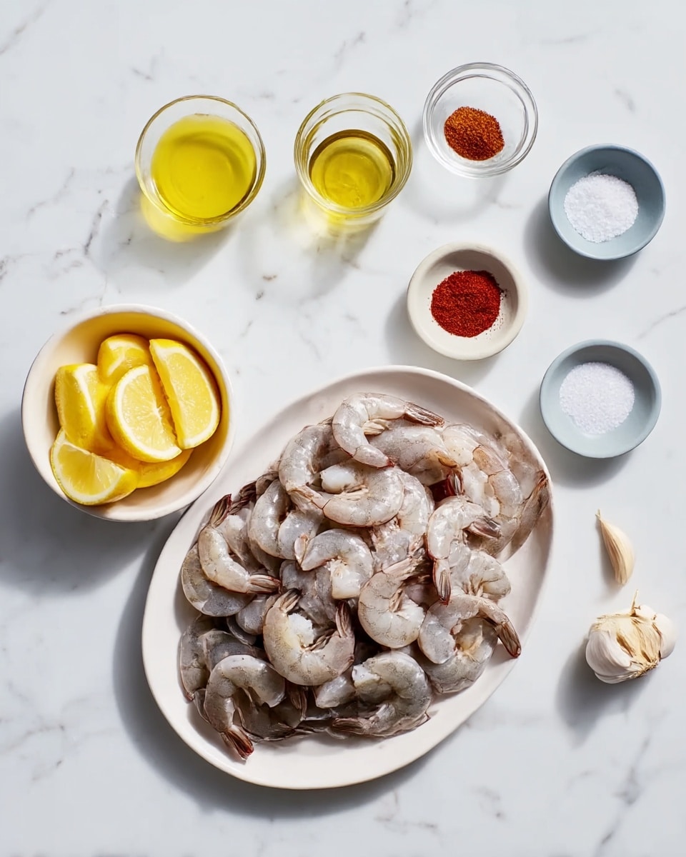 A collection of clear glass bowls arranged on a white marbled surface. The largest bowl holds a pile of raw shrimp with light pink and white tones, positioned on the left. Surrounding it are smaller bowls containing bright green chopped herbs, golden yellow oil, pale yellow butter sticks, minced light yellow garlic, clear liquid, reddish flakes, a small bowl with white granules, and a pale yellow liquid in a measuring cup. All the bowls are transparent, showing the fresh and colorful ingredients clearly. Photo taken with an iphone --ar 4:5 --v 7