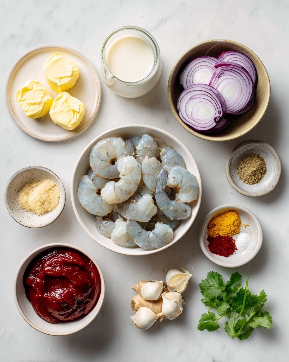 A top-down view shows several white bowls and a small glass jug arranged on a white marbled surface. In the center is a white bowl filled with raw shrimp that are pale blue and gray, some with a slight pink hue. To the right, a small white bowl holds layers of light purple shallots, cut into thick slices. Next to it is a beige bowl with bright colored spices including red paprika, yellow turmeric, and brown cumin, all neatly separated. Above this bowl is a small glass jug of cream, white and smooth. To the far right, a small white bowl contains peeled garlic cloves and yellow pieces of ginger. On the left side, a small white plate holds two yellow pats of butter, and above it is a white bowl of smooth deep red tomato paste. A few green cilantro leaves lie next to the tomato paste bowl. All the items are evenly spaced, clear, and brightly lit. photo taken with an iphone --ar 4:5 --v 7