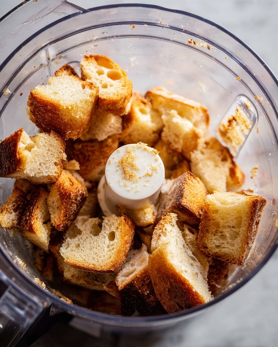 Inside a clear food processor bowl, there are several pieces of toasted bread cut into rough, uneven squares. The bread pieces have a golden brown color with darker toasted edges and a slightly crisp texture. The inner parts of the bread appear airy and light, showing small bubbles. In the center of the bowl, a white plastic blade holder is partly visible with small crumbs on it. The scene is set on a white marbled texture. photo taken with an iphone --ar 4:5 --v 7