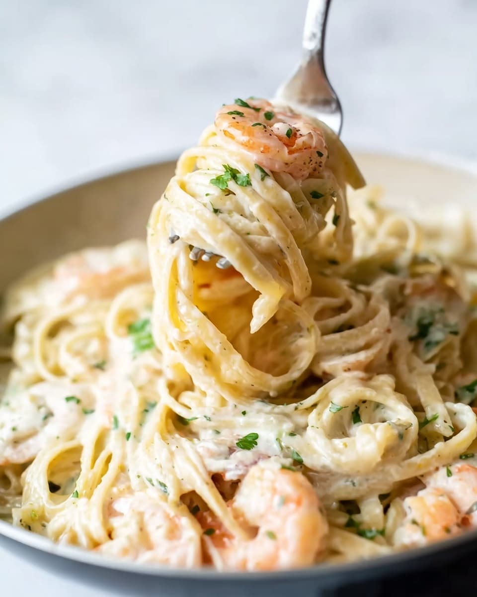 The image shows a close-up of a fork lifting creamy pasta with shrimp from a pan. The pasta is long and light yellow, covered in a thick white sauce with herbs sprinkled on top. Several pink shrimp are mixed in, their color contrasting with the sauce and pasta. The sauce looks smooth and rich, coating the noodles well. The background is a white marbled texture that brightens the whole image. photo taken with an iphone --ar 4:5 --v 7