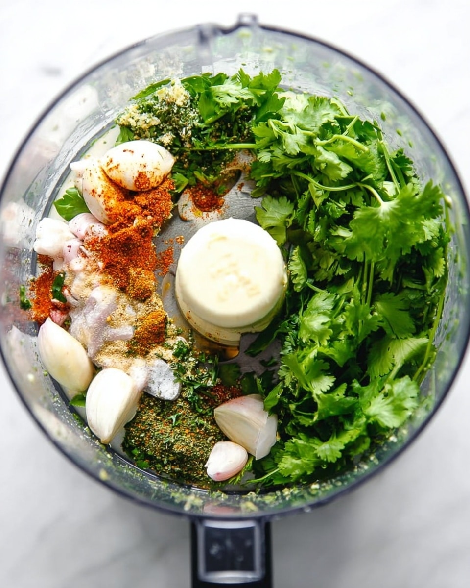 The image shows a clear food processor bowl filled with fresh green cilantro leaves piled on one side alongside small chunks of pale pink shallots and white garlic pieces. On top of the cilantro, there are scattered dried spices in red and green shades, along with visible granules of salt. The food processor blade is centrally positioned among these ingredients. The whole setup rests on a surface with a white marbled texture. photo taken with an iphone --ar 4:5 --v 7