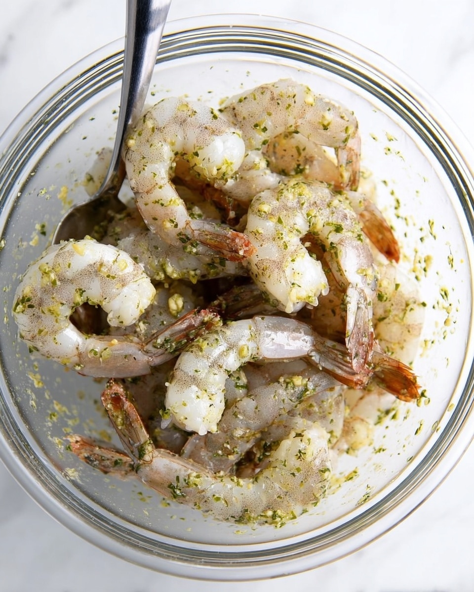 A clear glass bowl filled with large raw shrimp, each shrimp covered lightly with a green herb and garlic marinade that adds small flecks of color on their pale grayish-white bodies and brown tails. The shrimp are slightly curled and layered randomly inside the bowl, with the marinade coating visible on the shrimp and the bowl’s inner surface. A metal spoon is stuck into the shrimp on the upper left side of the bowl, partially covered with the marinade. The bowl rests on a white marbled surface. photo taken with an iphone --ar 4:5 --v 7