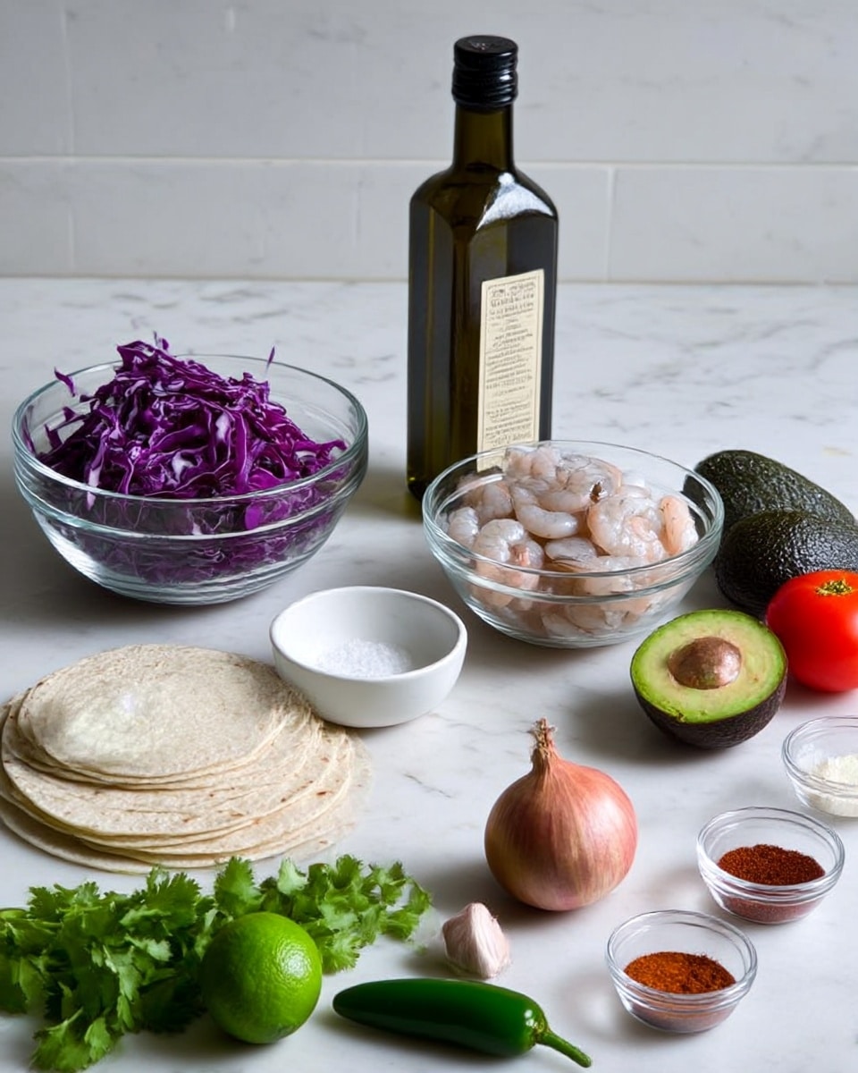 A white marbled surface holds a clear glass bowl filled with shredded purple cabbage on the left, next to a slightly smaller clear glass bowl containing raw shrimp with a pale pink color on the right. Behind them stands a tall dark green bottle of olive oil with a beige label. In front, a small white bowl holds coarse salt, while a tiny clear glass bowl contains a white creamy sauce on the left. Nearby are a stack of round, light beige corn tortillas. Around these are fresh herbs and vegetables: a bunch of green cilantro near the center, a bright green jalapeño pepper, a whole dark green avocado on the far right, a bright red tomato, two green limes, a small shallot with a pale reddish-brown skin, and two small garlic cloves. There are also two small clear bowls with red and brown powders, likely spices. The whole arrangement is on a white marbled background. photo taken with an iphone --ar 4:5 --v 7