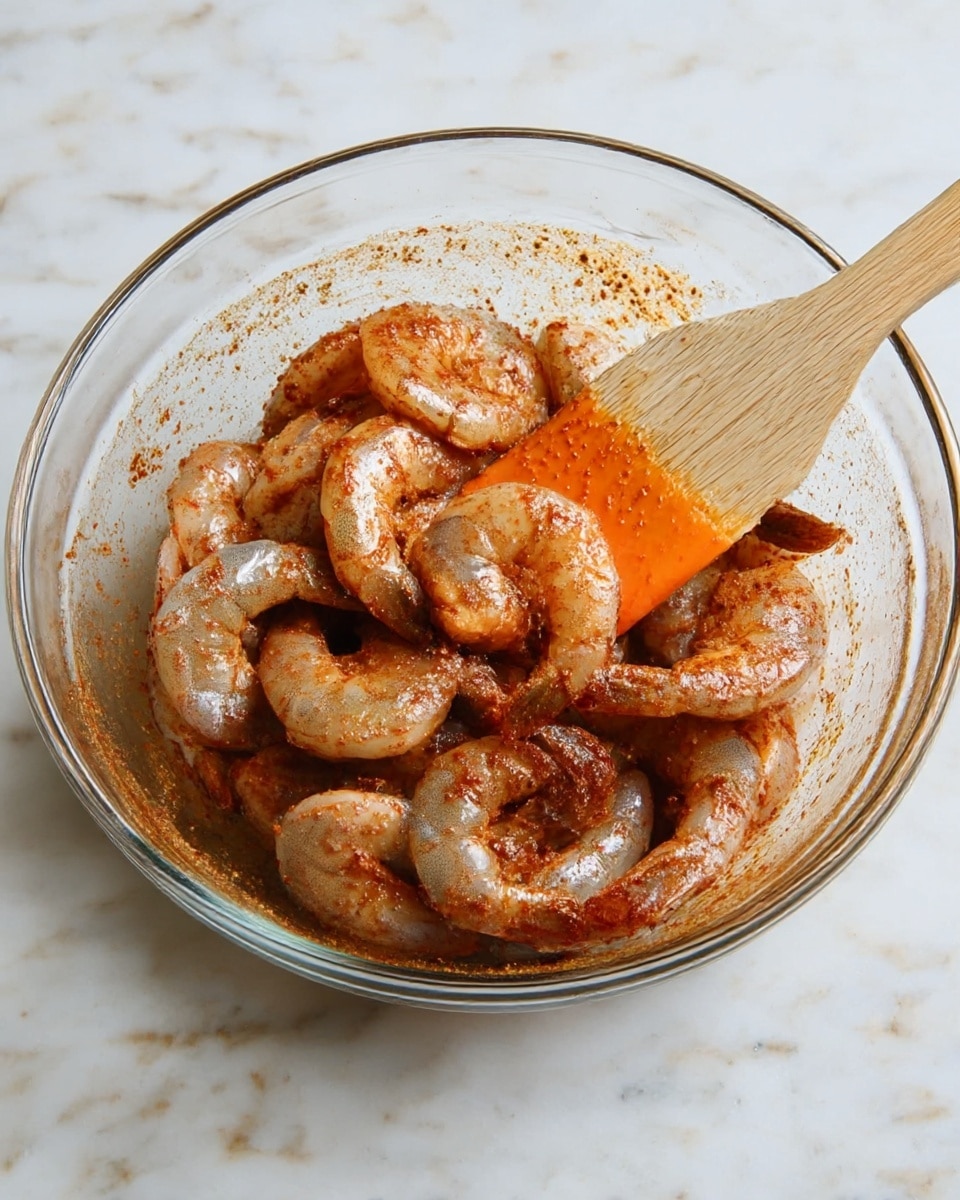 A clear glass bowl filled with raw shrimp coated in a reddish spice mix, with its translucent gray and pink shells partially visible. The shrimp have a shiny and slightly wet texture. A wooden spatula with an orange silicone head coated in the same spice mixture rests inside the bowl. The bowl sits on a white marbled surface. photo taken with an iphone --ar 4:5 --v 7