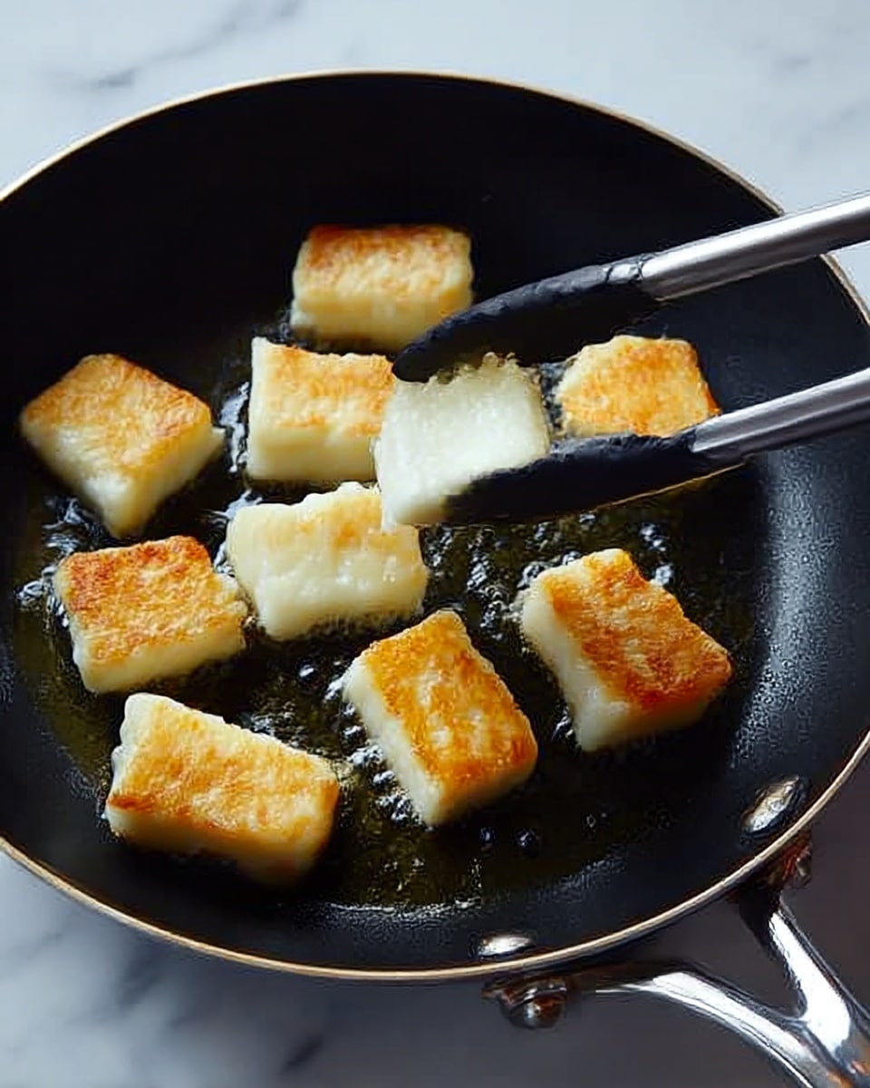 A black non-stick pan filled with about ten pieces of square white food with golden brown tops, frying in sizzling oil. A pair of metal tongs with black tips is holding one piece, showing the side to be white and soft, while the rest pieces rest flat in the pan. The background is a white marbled texture, with the pan's shiny metal handles visible on the right. Photo taken with an iphone --ar 4:5 --v 7