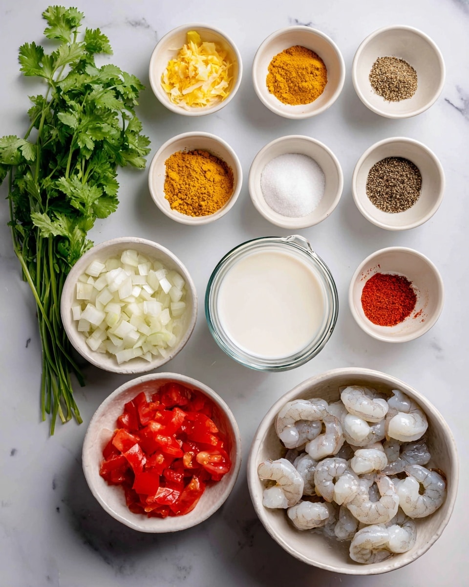 The image shows a white marbled surface with multiple small white bowls and a small bunch of cilantro arranged neatly. Starting from the left, there is a green bunch of cilantro placed directly on the surface. Above it are five small white bowls, from top to bottom: bright yellow grated ginger, pale yellow minced garlic, a small bowl of white coconut oil, small piles of turmeric powder, curry powder, black pepper, salt, and brown coriander seeds. To the right of these is a small white bowl filled with diced white onions. Below this bowl is a larger white bowl filled with bright red diced tomatoes. Next to the onions is a glass cup filled with creamy white coconut milk. To the right is a large white bowl filled with raw, light gray shrimp. Additionally, on the far right, there are three more small white bowls containing white salt, black pepper, and red cayenne powder, alongside a small cup of pale yellow lemon juice. All ingredients are evenly spaced, with clear labels above each item. Photo taken with an iphone --ar 4:5 --v 7