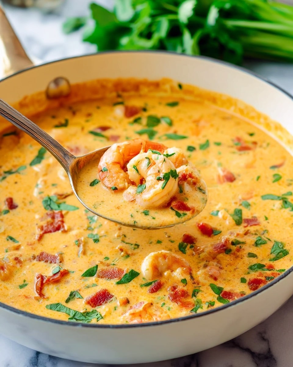 The image shows a white pan filled with creamy orange soup that has pieces of shrimp and small bits of cooked bacon scattered throughout. The creamy soup looks thick and smooth, with some green herbs sprinkled on top for color. A silver spoon is lifting a scoop of the soup, showing shrimp and bacon in the creamy sauce. The pan is placed on a white marbled surface with blurred green vegetables in the background. Photo taken with an iphone --ar 4:5 --v 7
